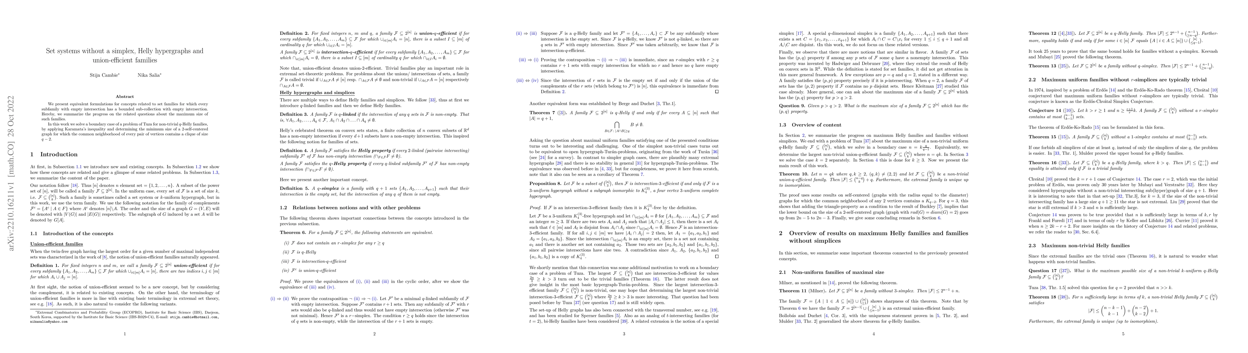 Thumbnail for Set systems without a simplex, Helly hypergraphs and union-efficient
  families