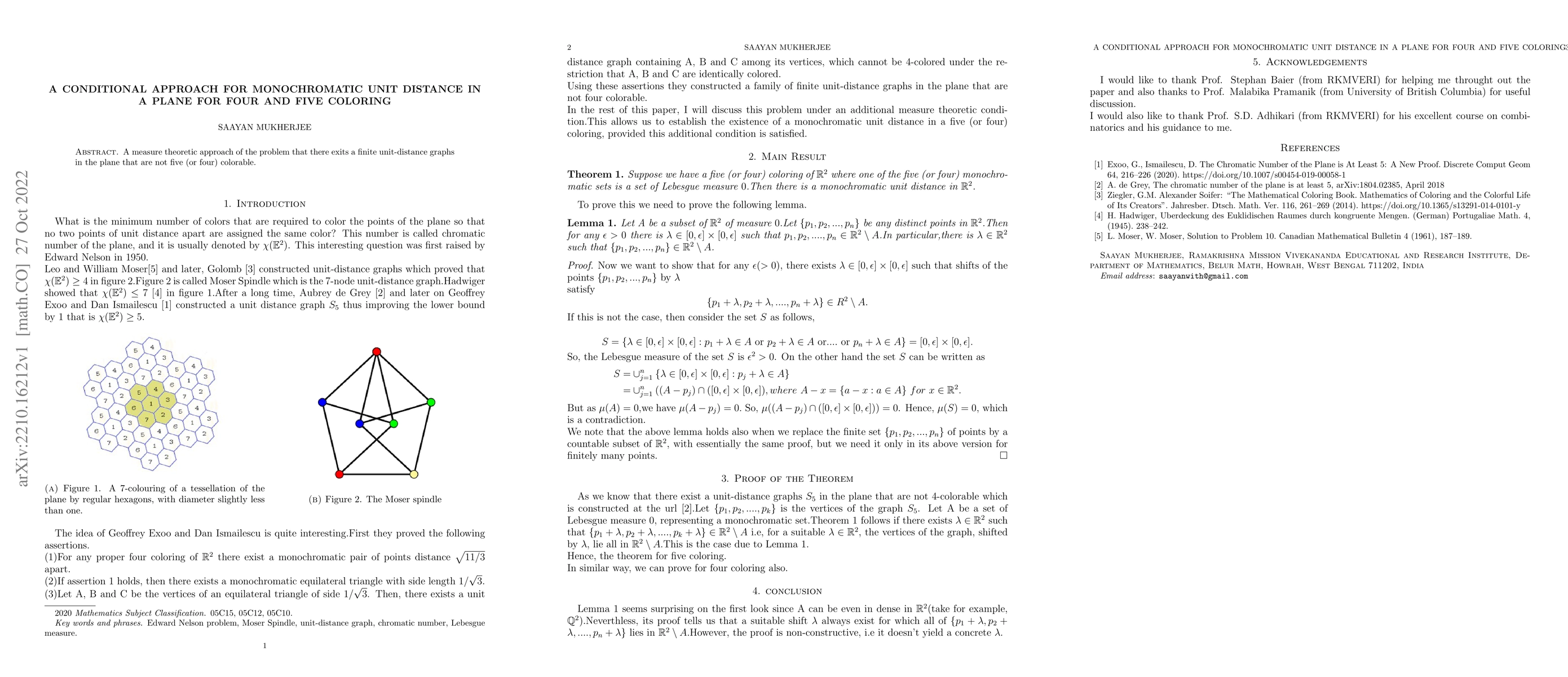 Thumbnail for A conditional approach for monochromatic unit distance in a plane for
  four and five coloring