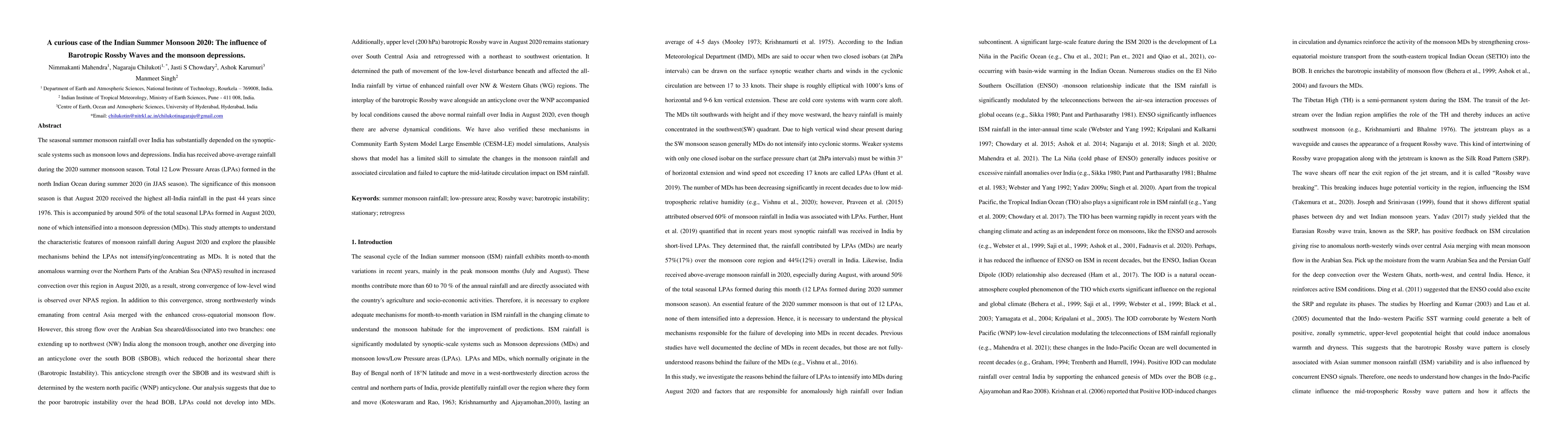 Thumbnail for A curious case of the Indian Summer Monsoon 2020: The influence of
  Barotropic Rossby Waves and the monsoon depressions