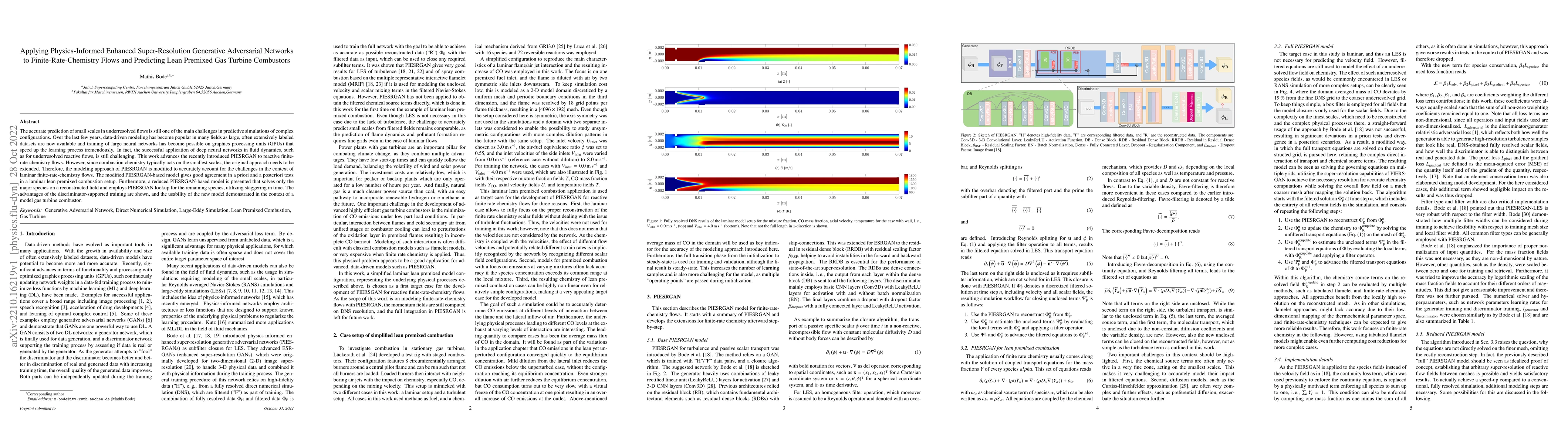 Thumbnail for Applying Physics-Informed Enhanced Super-Resolution Generative
  Adversarial Networks to Finite-Rate-Chemistry Flows and Predicting Lean
  Premixed Gas Turbine Combustors
