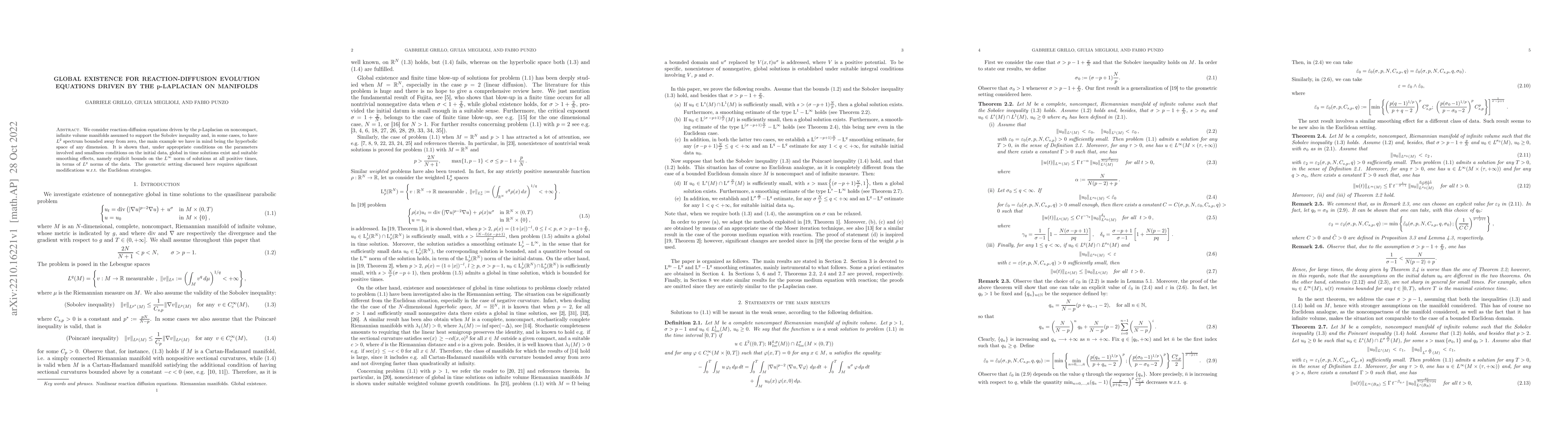 Thumbnail for Global existence for reaction-diffusion evolution equations driven by
  the $p$-Laplacian on manifolds