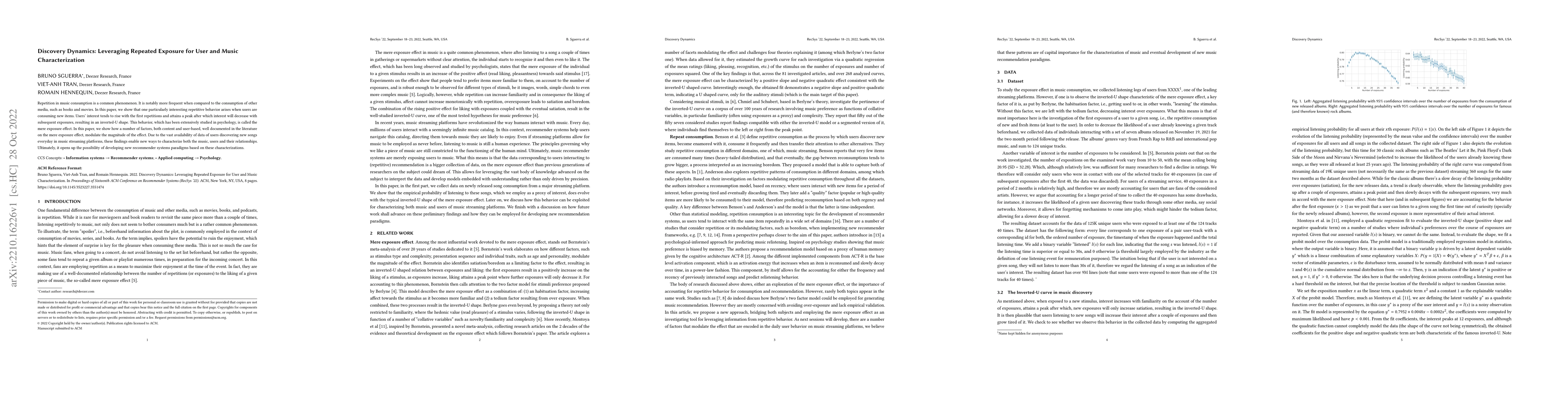 Thumbnail for Discovery Dynamics: Leveraging Repeated Exposure for User and Music
  Characterization