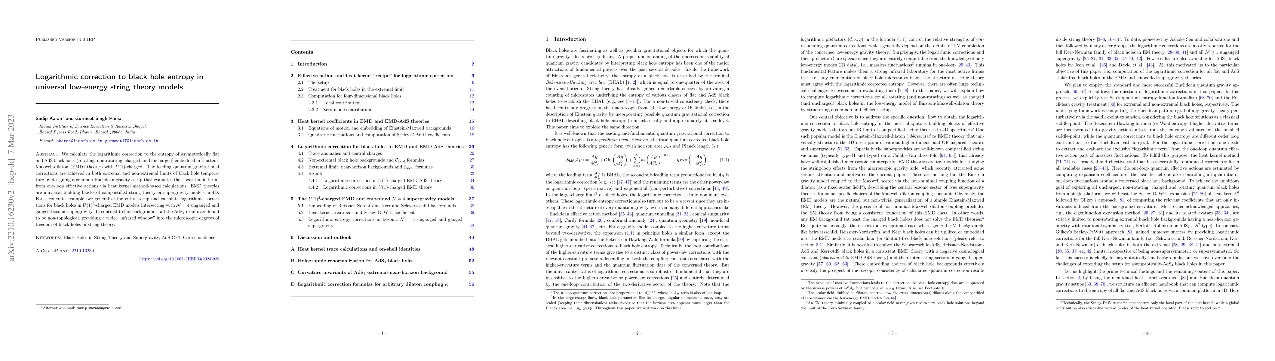 Thumbnail for Logarithmic correction to black hole entropy in universal low-energy
  string theory models