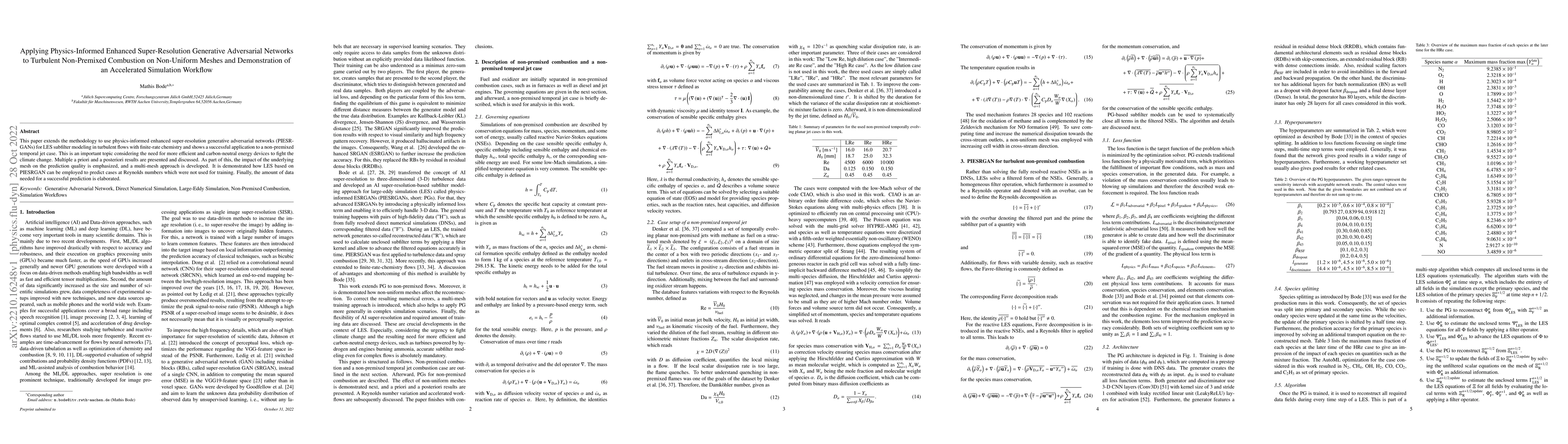 Thumbnail for Applying Physics-Informed Enhanced Super-Resolution Generative
  Adversarial Networks to Turbulent Non-Premixed Combustion on Non-Uniform
  Meshes and Demonstration of an Accelerated Simulation Workflow