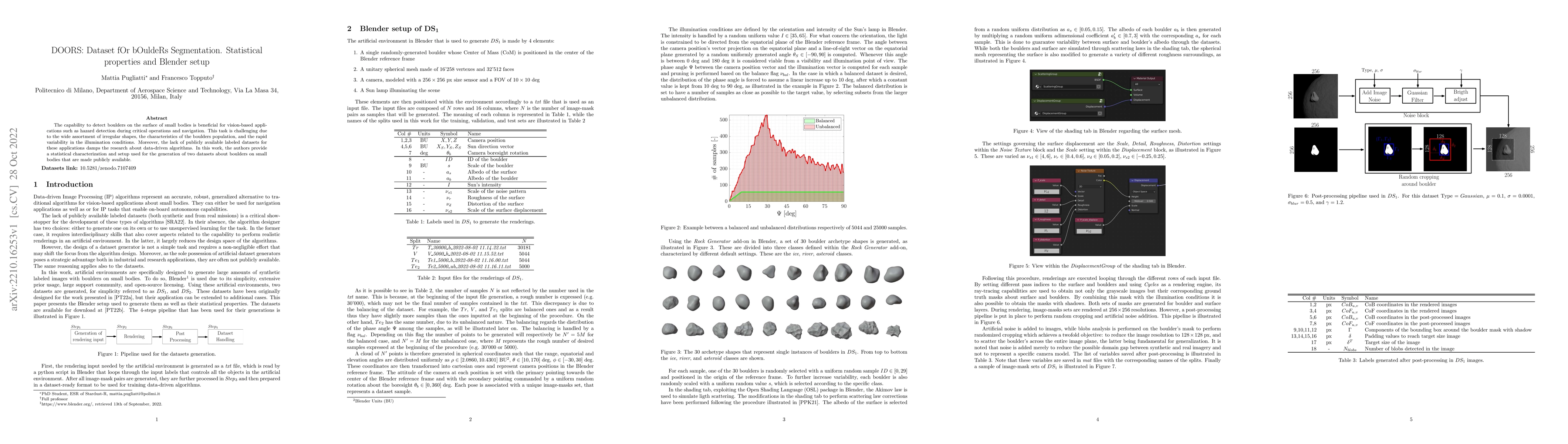 Thumbnail for DOORS: Dataset fOr bOuldeRs Segmentation. Statistical properties and
  Blender setup