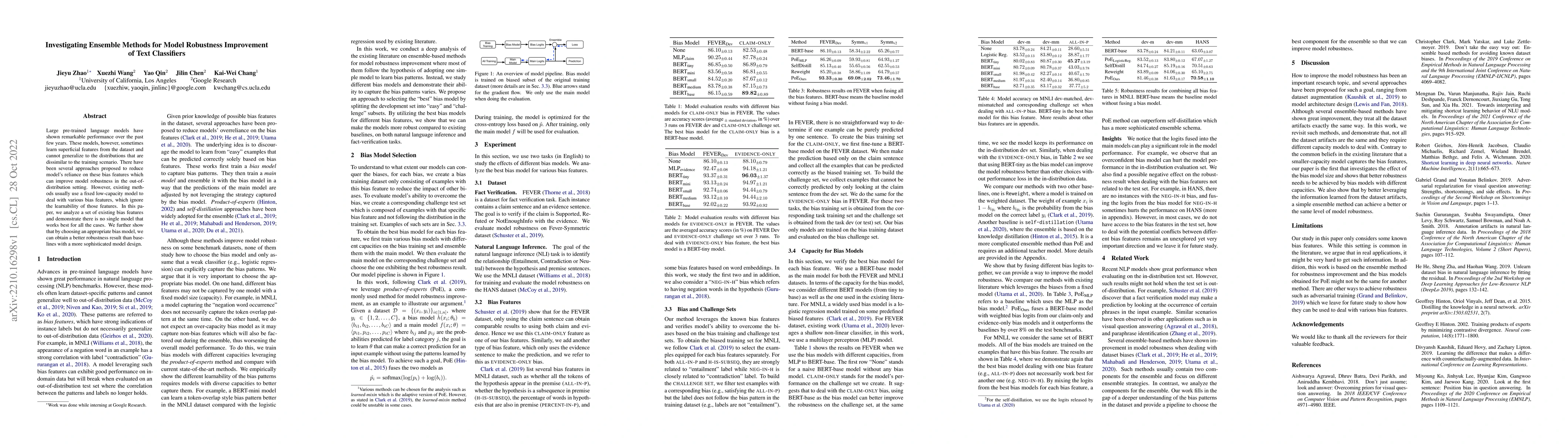 Thumbnail for Investigating Ensemble Methods for Model Robustness Improvement of Text
  Classifiers