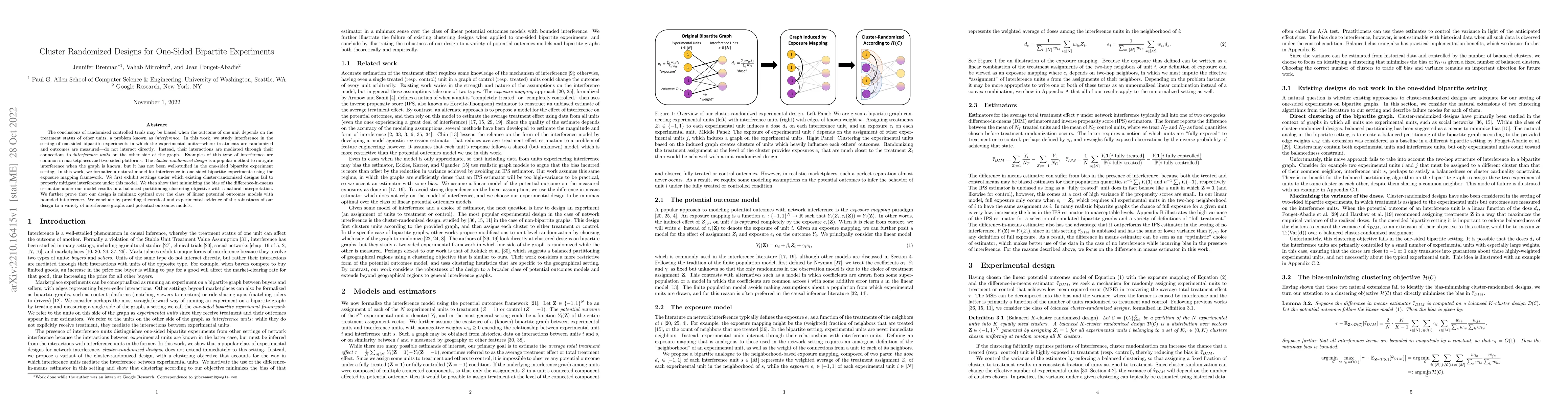 Thumbnail for Cluster Randomized Designs for One-Sided Bipartite Experiments