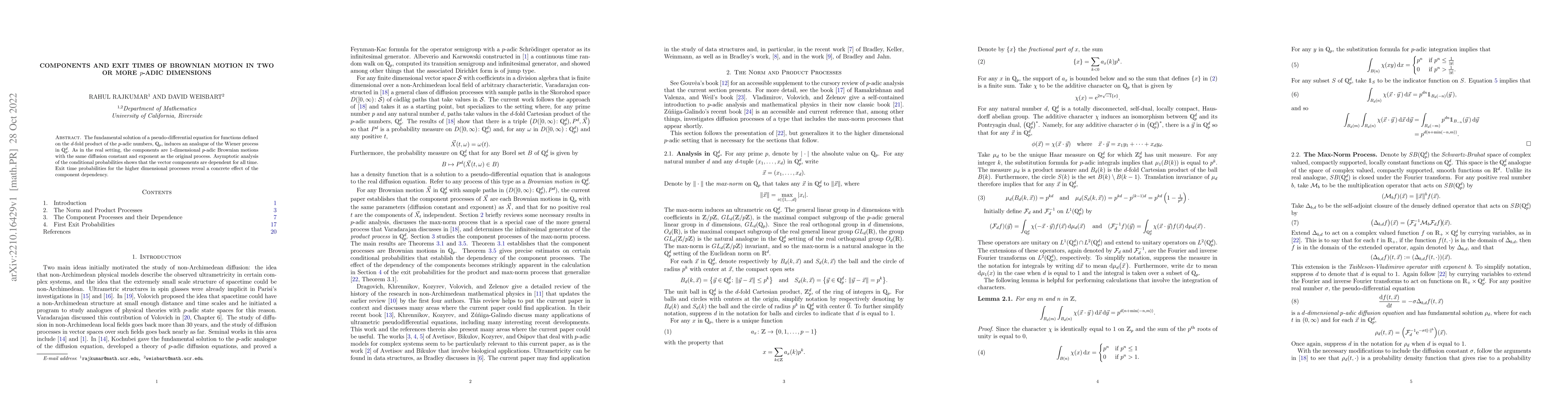 Thumbnail for Components and Exit Times of Brownian Motion in two or more $p$-Adic
  Dimensions