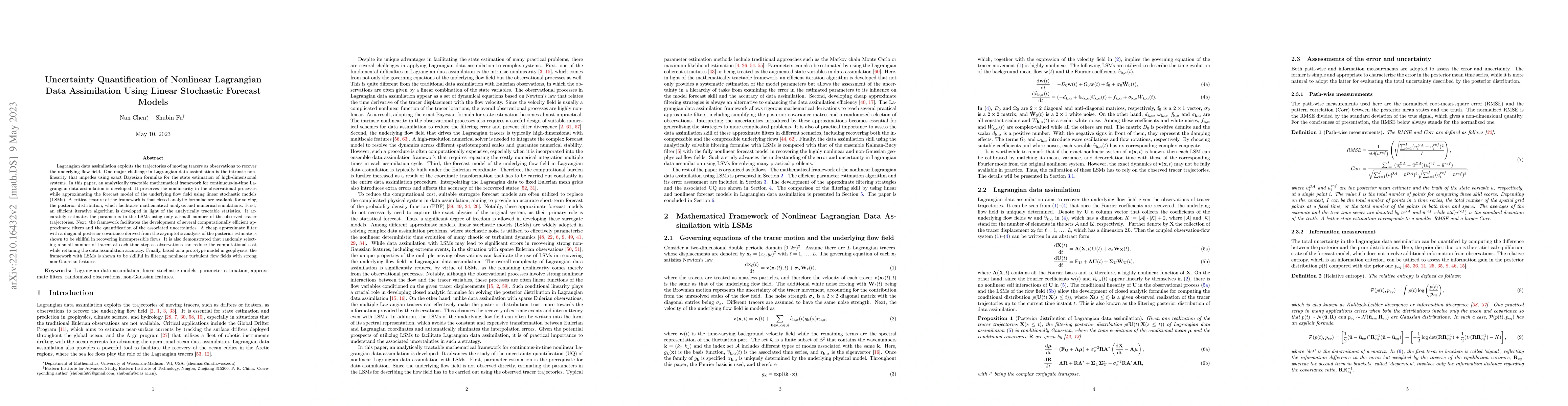 Thumbnail for Uncertainty Quantification of Nonlinear Lagrangian Data Assimilation
  Using Linear Stochastic Forecast Models