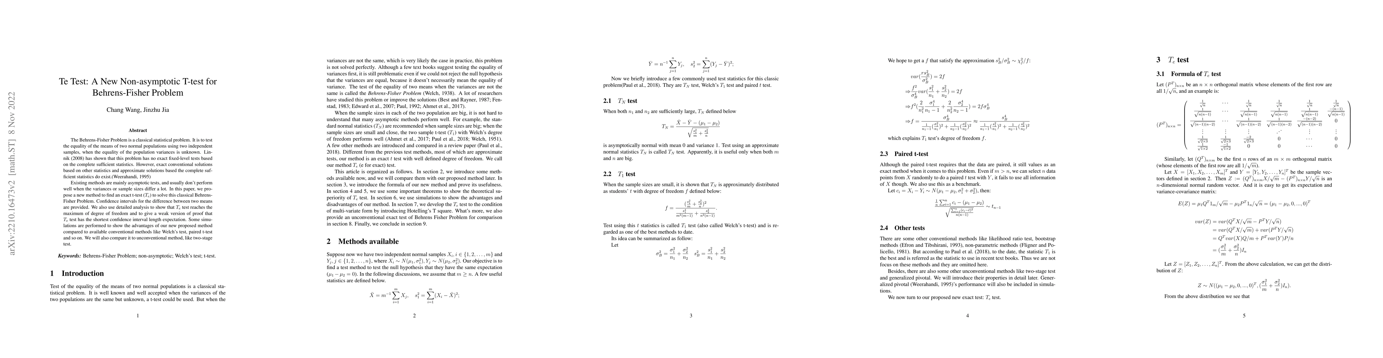 Thumbnail for Te Test: A New Non-asymptotic T-test for Behrens-Fisher Problems