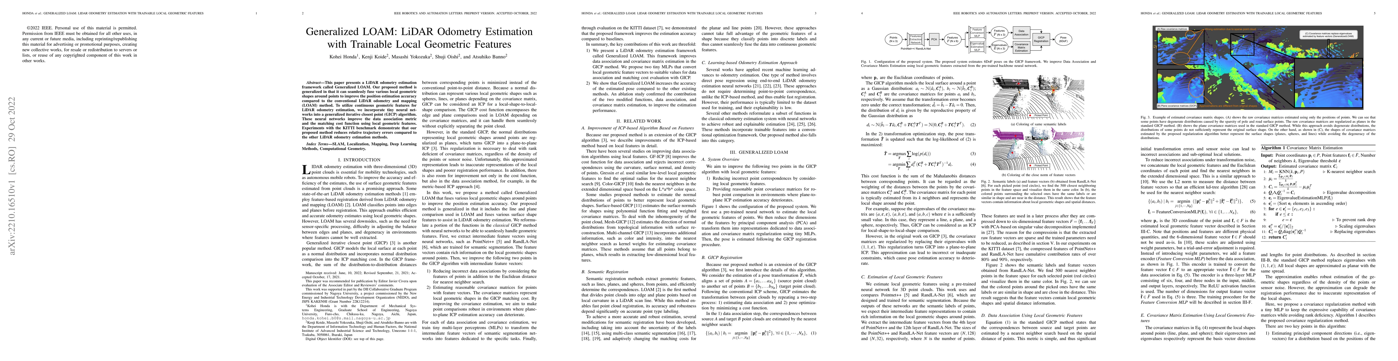 Thumbnail for Generalized LOAM: LiDAR Odometry Estimation with Trainable Local
  Geometric Features