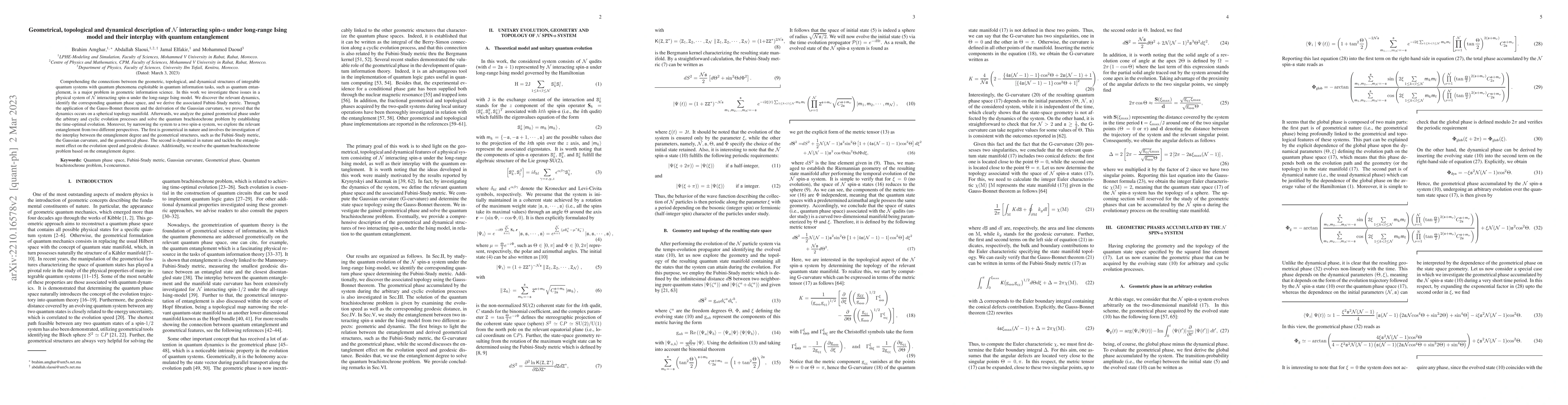 Thumbnail for Geometrical, topological and dynamical description of $\mathcal{N}$
  interacting spin-$\mathtt{s}$ under long-range Ising model and their
  interplay with quantum entanglement