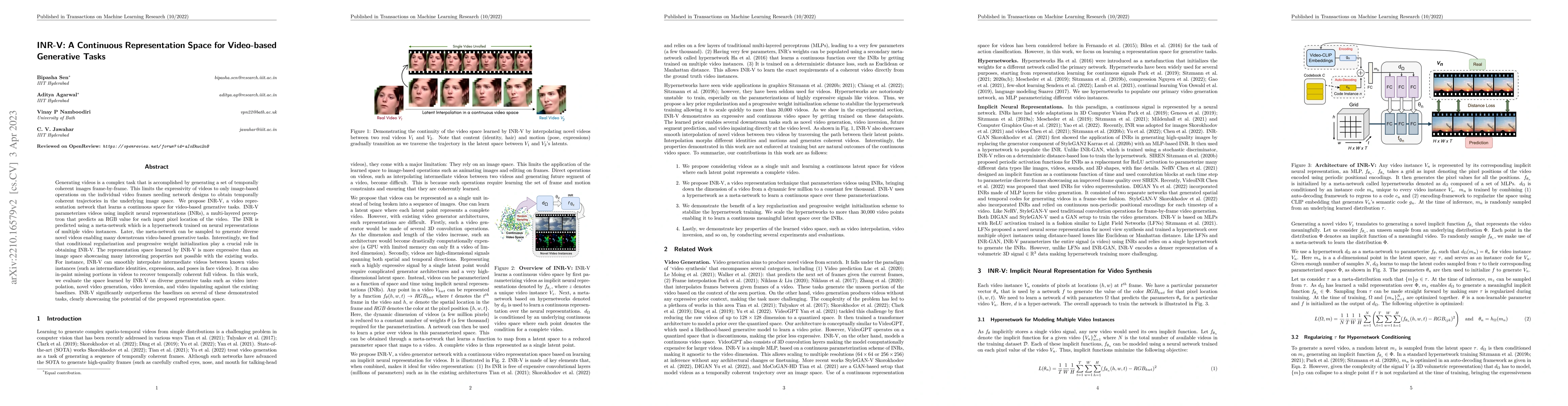 Thumbnail for INR-V: A Continuous Representation Space for Video-based Generative
  Tasks