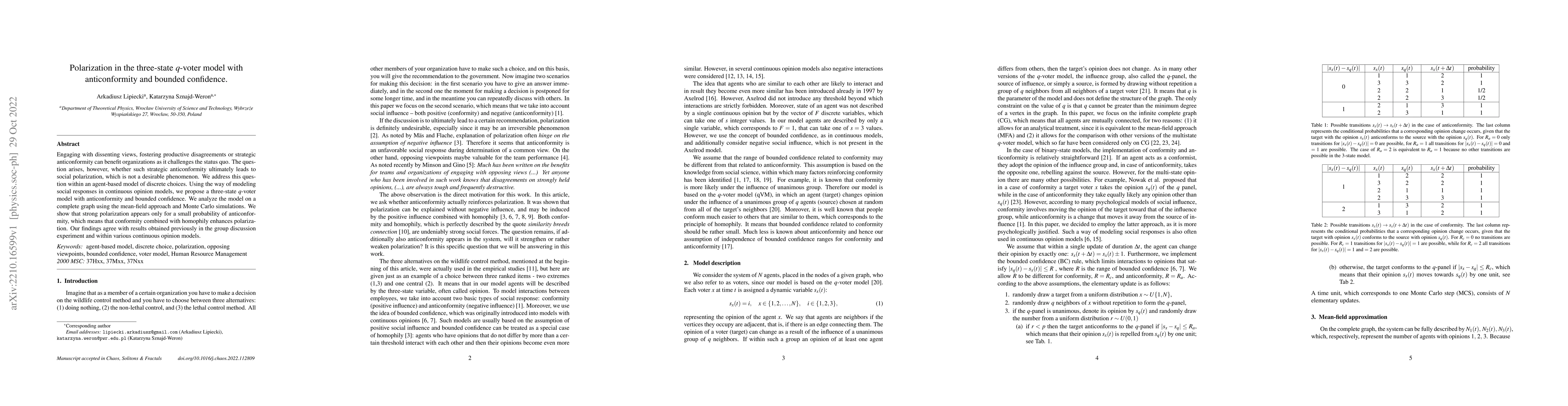 Thumbnail for Polarization in the three-state $q$-voter model with anticonformity and
  bounded confidence