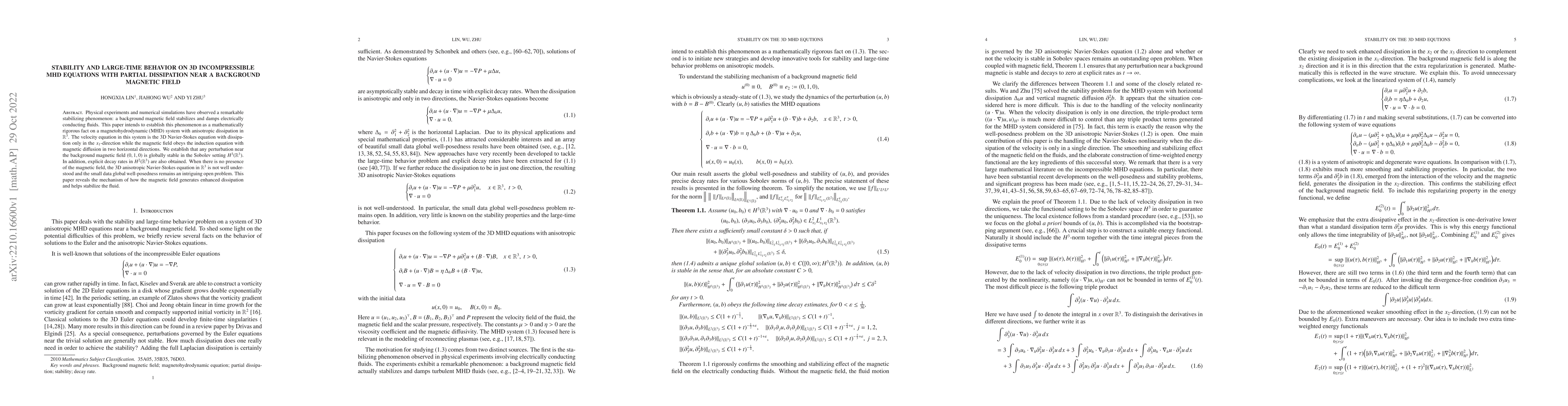 Thumbnail for Stability and large-time behavior on 3D incompressible MHD equations
  with partial dissipation near a background magnetic field