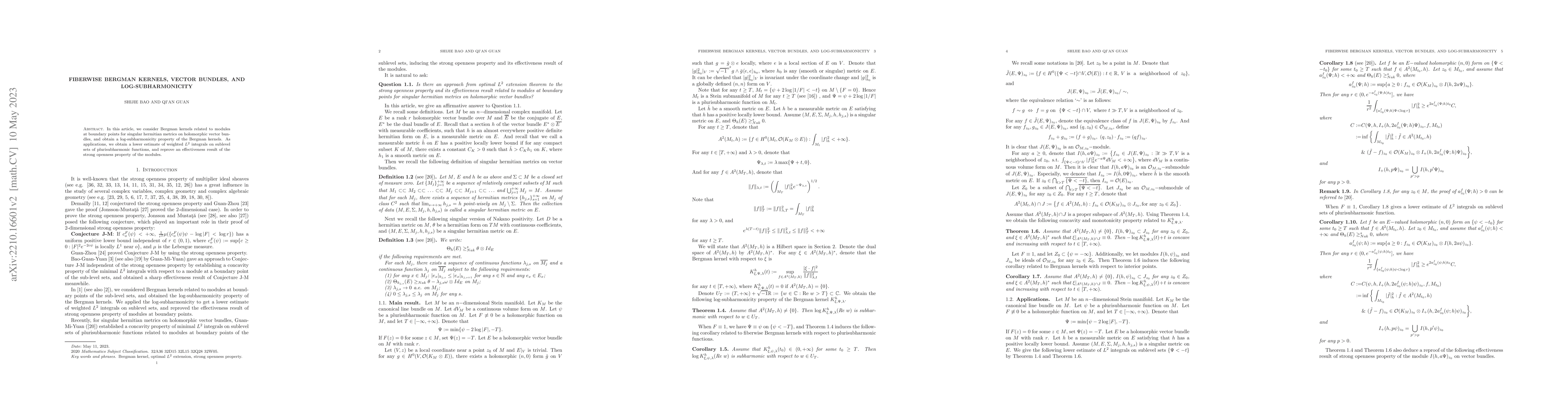 Thumbnail for Fiberwise Bergman kernels, vector bundles, and log-subharmonicity