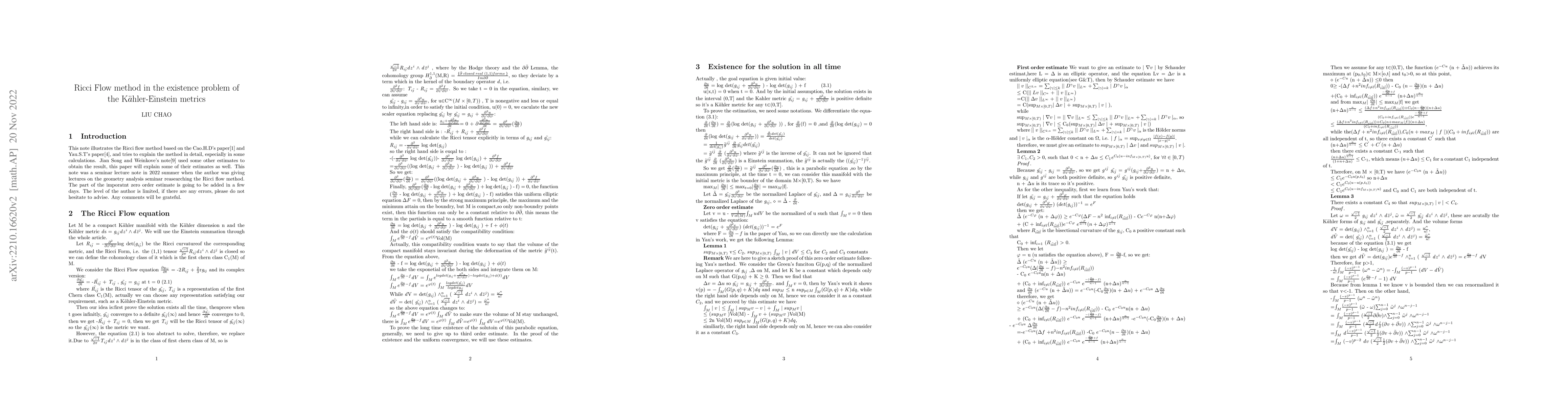 Thumbnail for Ricci Flow method in the existence problem of the K"ahler-Einstein
  metrics
