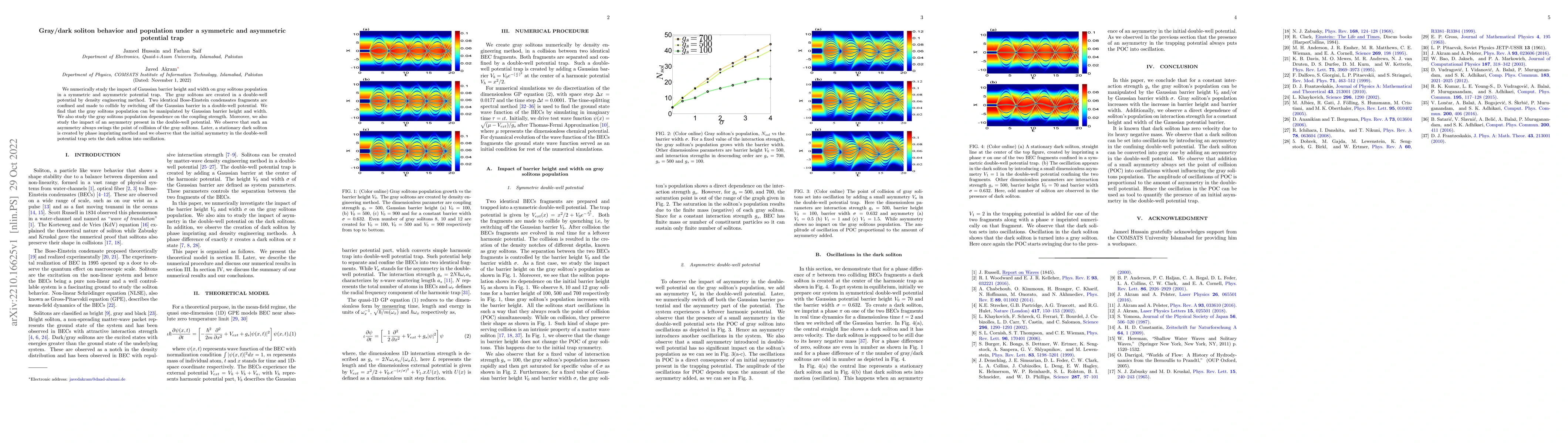 Thumbnail for Gray/dark soliton behavior and population under a symmetric and
  asymmetric potential trap