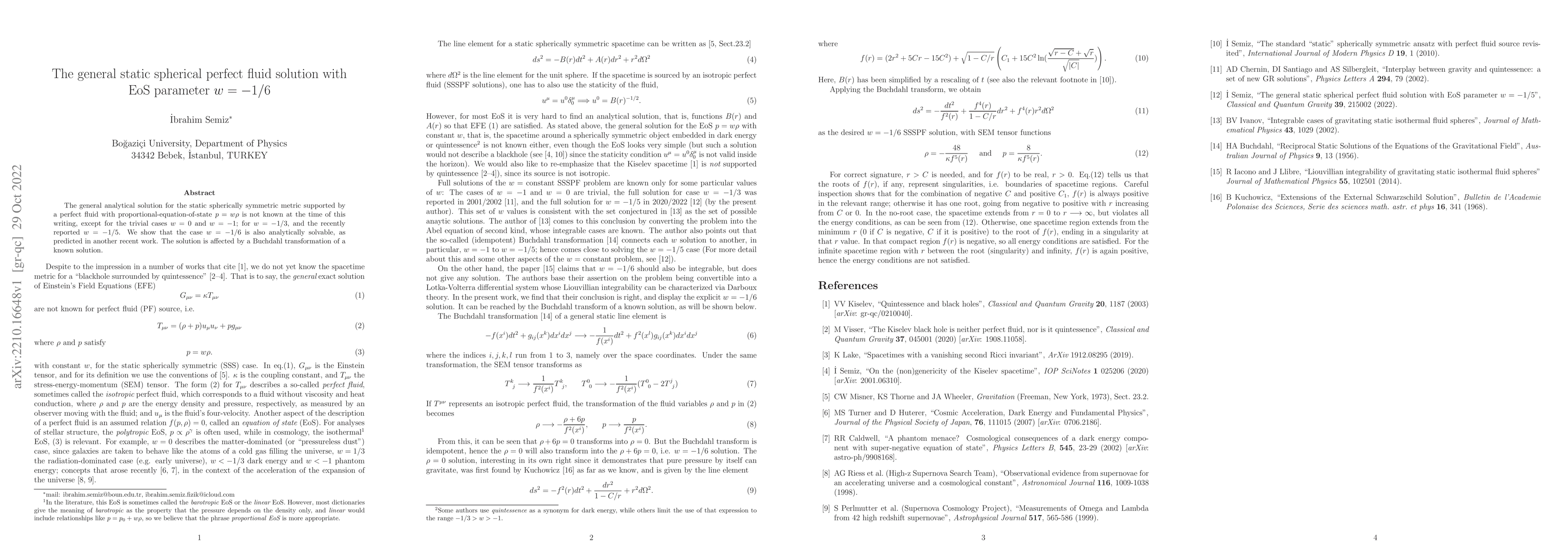 Thumbnail for The general static spherical perfect fluid solution with EoS parameter
  w=-1/6