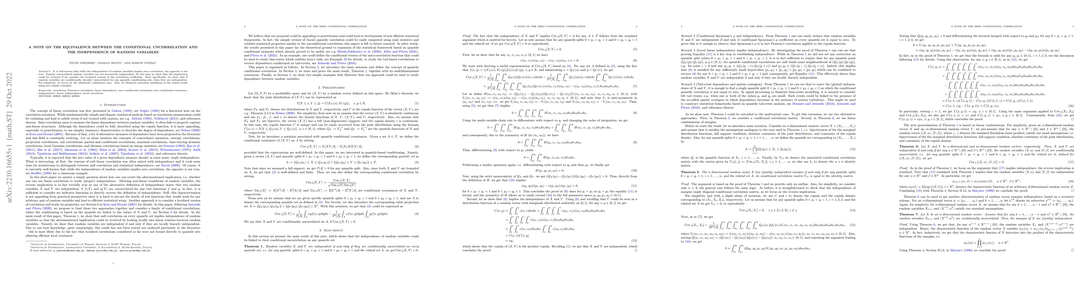 Thumbnail for A note on the equivalence between the conditional uncorrelation and the
  independence of random variables