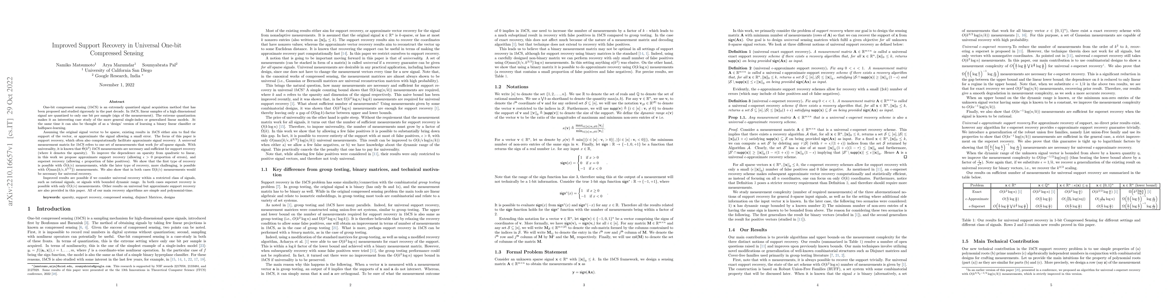 Thumbnail for Improved Support Recovery in Universal One-bit Compressed Sensing