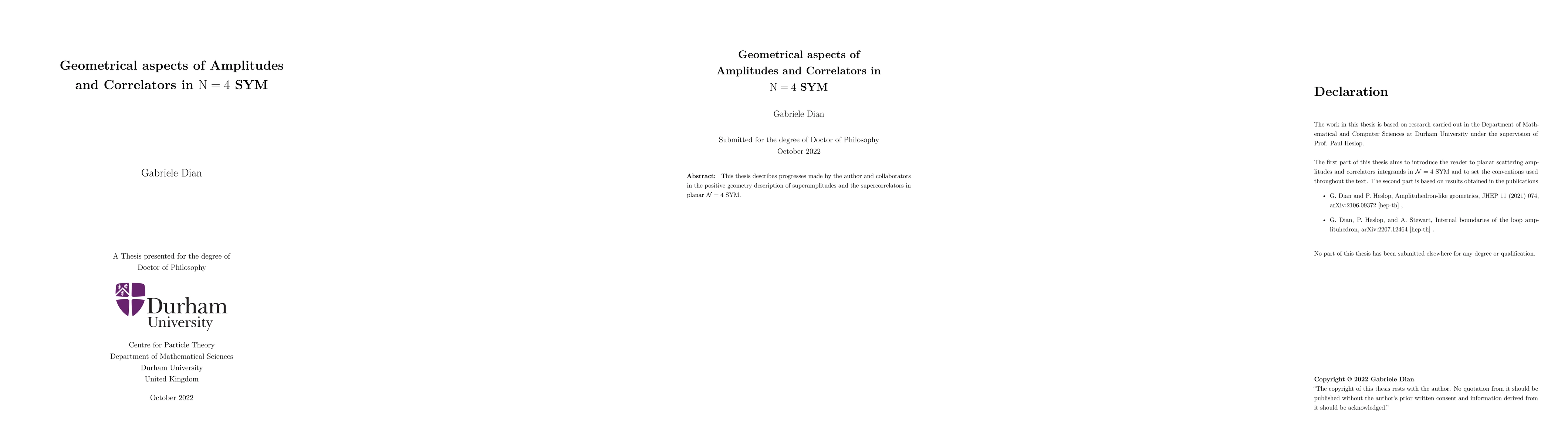 Thumbnail for Geometrical aspects of Amplitudes and Correlators in N=4 SYM