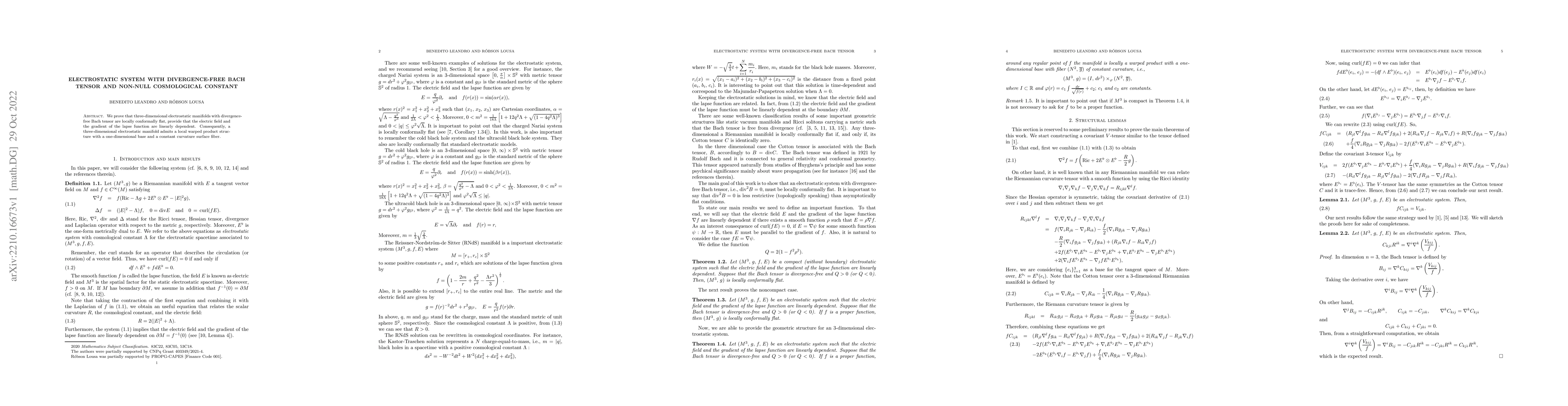 Thumbnail for Electrostatic system with divergence-free Bach tensor and non-null
  cosmological constant