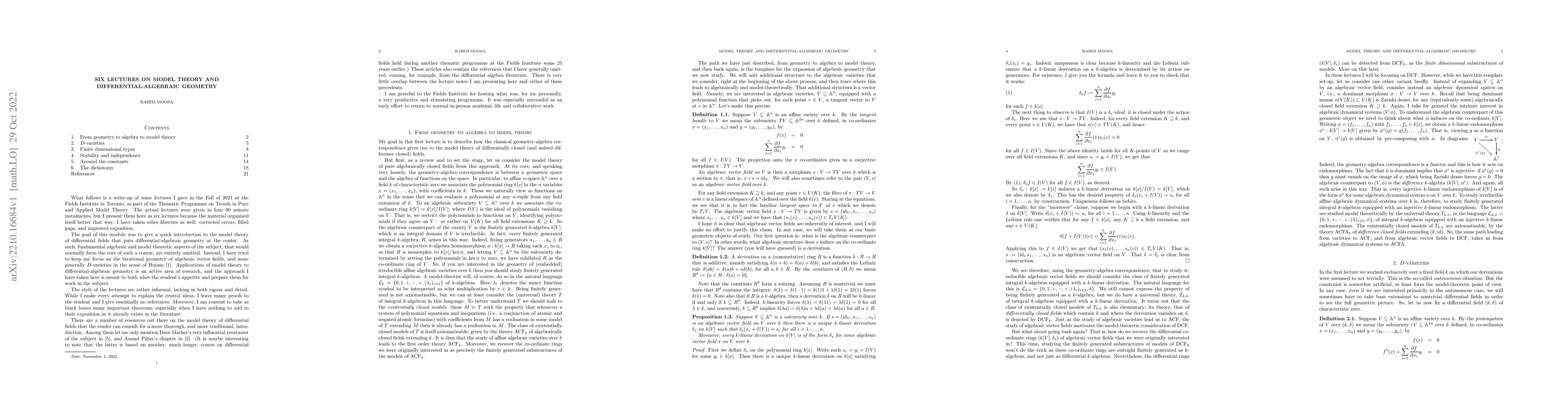 Thumbnail for Six lectures on model theory and differential-algebraic geometry