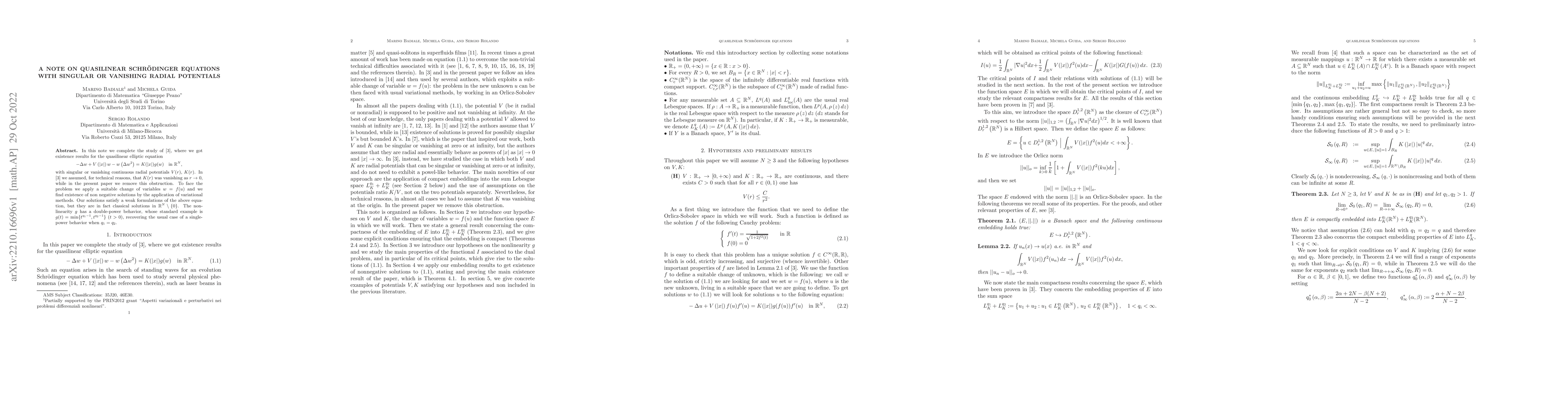 Thumbnail for A note on quasilinear Schr\"odinger equations with singular or vanishing
  radial potentials
