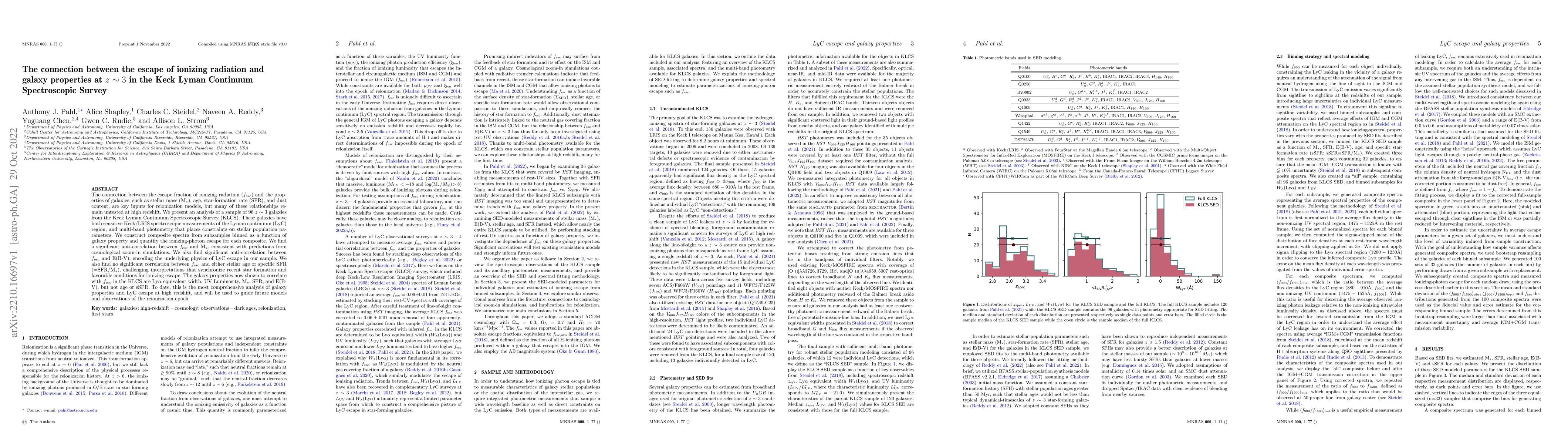 Thumbnail for The connection between the escape of ionizing radiation and galaxy
  properties at z~3 in the Keck Lyman Continuum Spectroscopic Survey