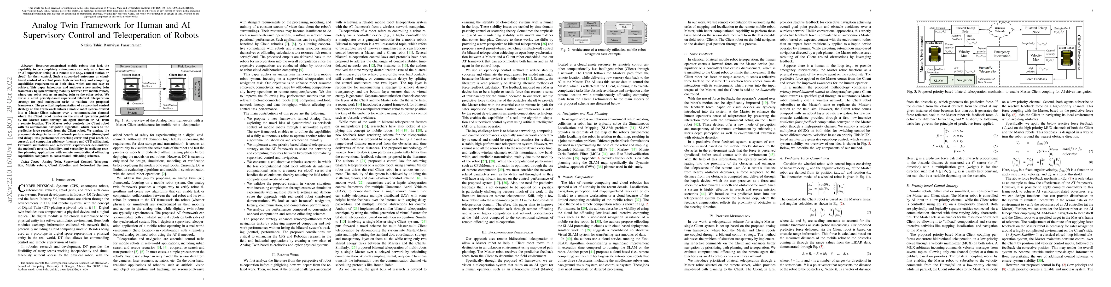 Thumbnail for Analog Twin Framework for Human and AI Supervisory Control and
  Teleoperation of Robots