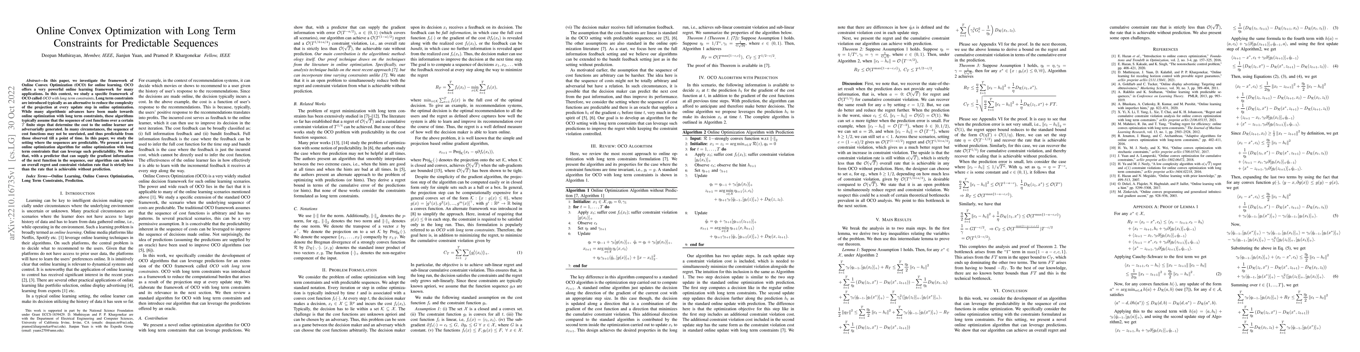 Thumbnail for Online Convex Optimization with Long Term Constraints for Predictable
  Sequences