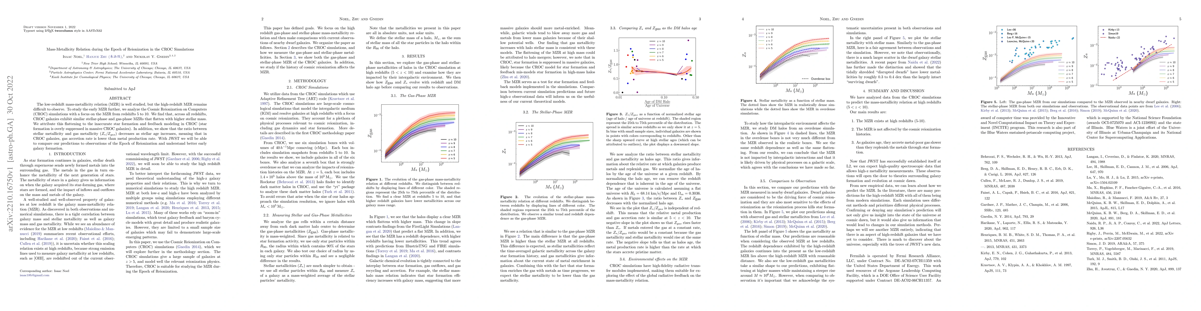 Thumbnail for Mass-Metallicity Relation during the Epoch of Reionization in the CROC
  Simulations