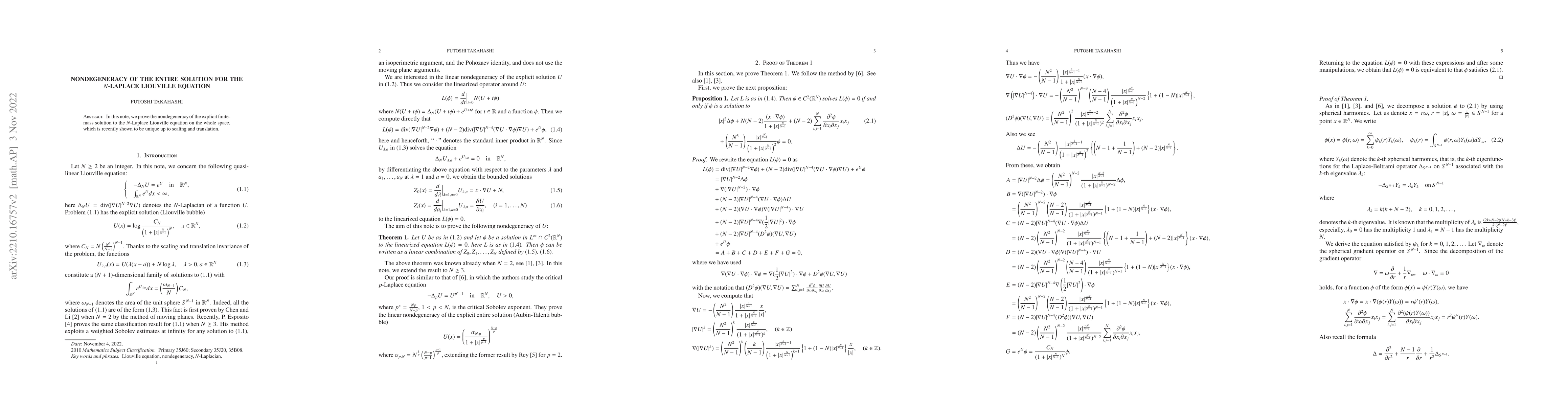 Thumbnail for Nondegeneracy of the entire solution for the $N$-Laplace Liouville
  equation