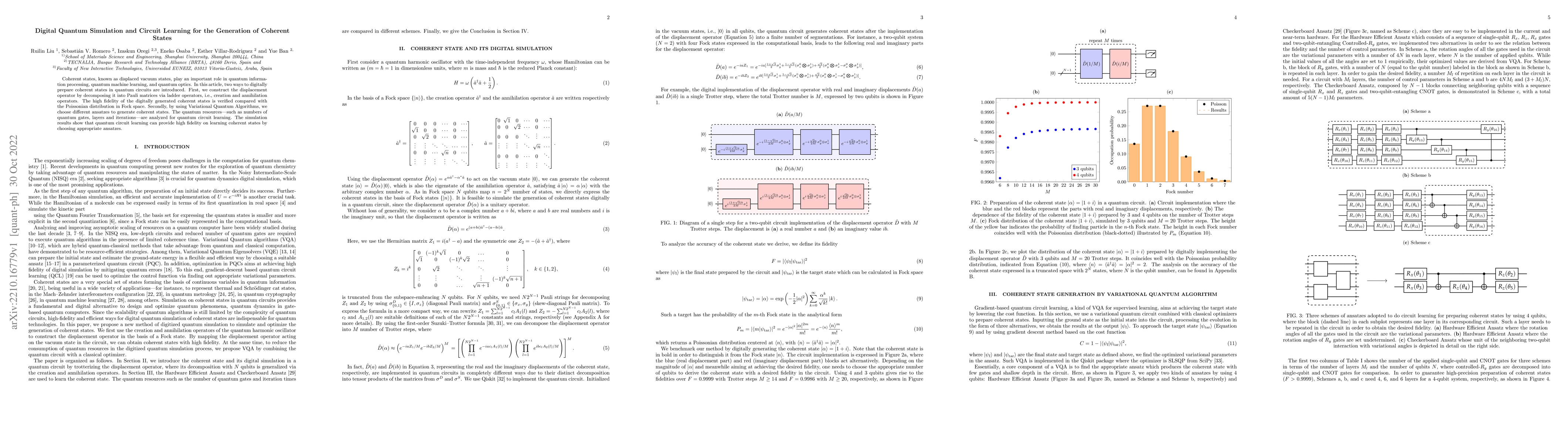 Thumbnail for Digital Quantum Simulation and Circuit Learning for the Generation of
  Coherent States