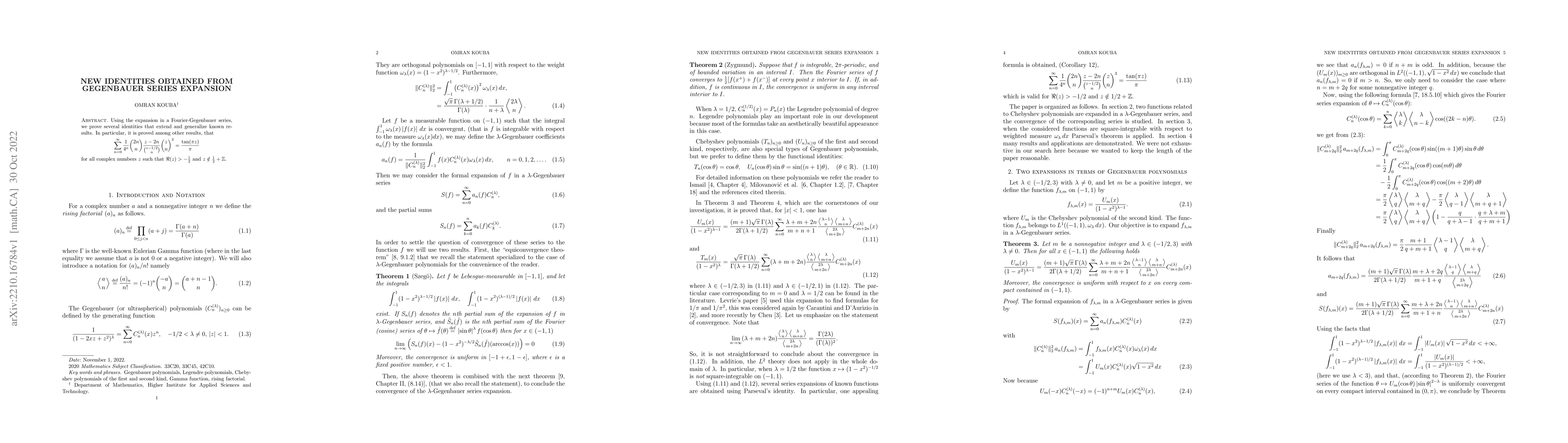 Thumbnail for New identities obtained from Gegenbauer series expansion