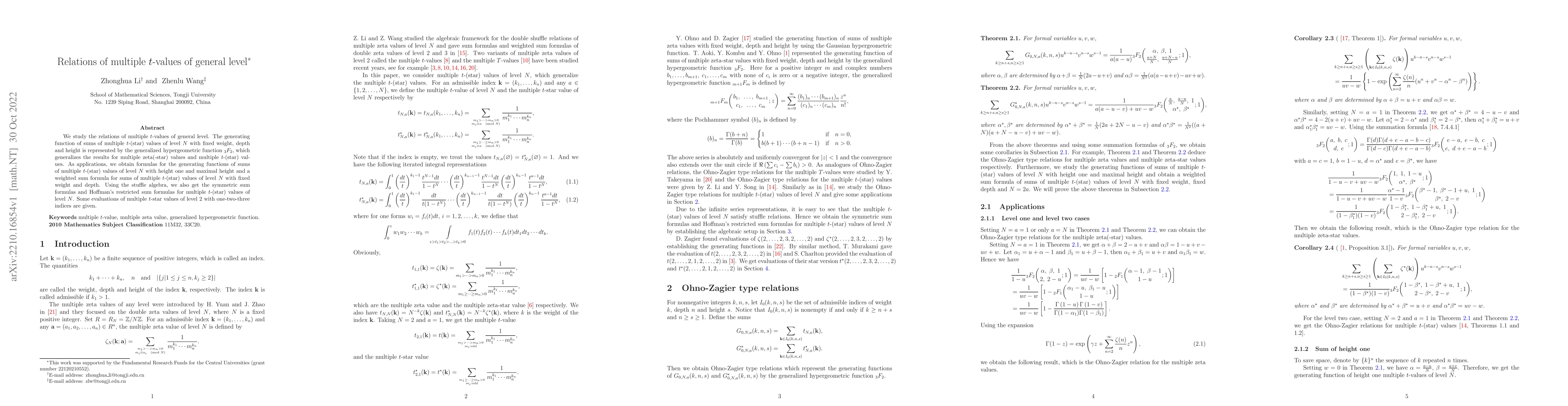 Thumbnail for Relations of multiple $t$-values of general level