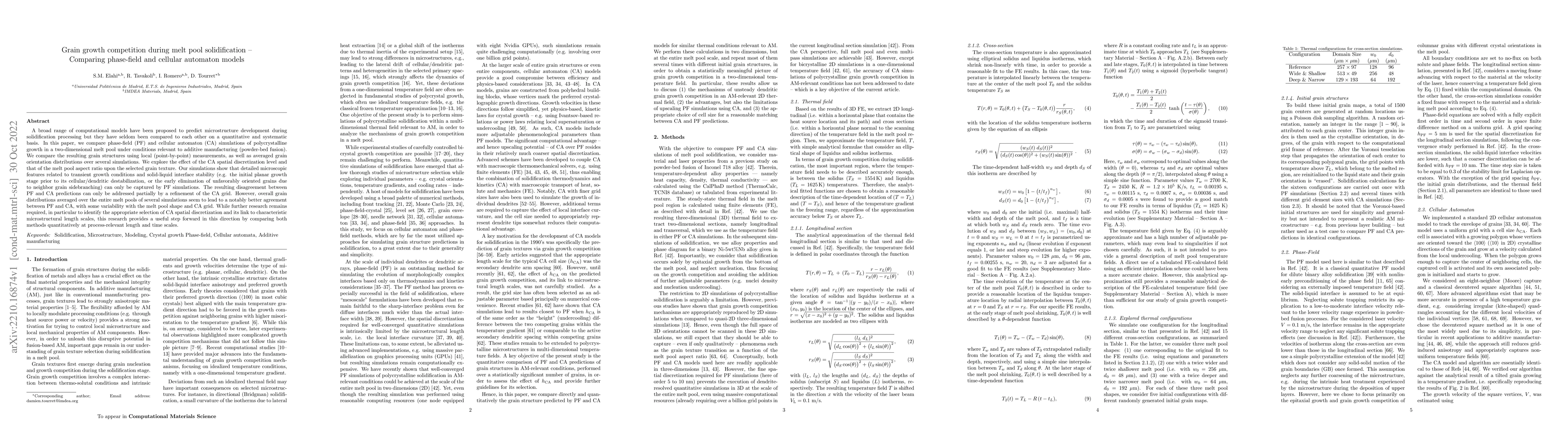 Thumbnail for Grain growth competition during melt pool solidification -- Comparing
  phase-field and cellular automaton models