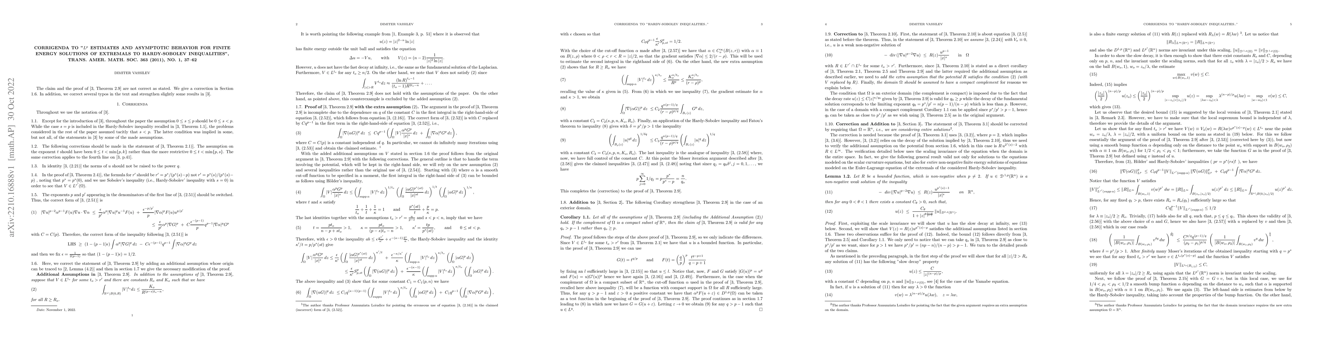 Thumbnail for Corrigenda to "$L^p$ estimates and asymptotic behavior for finite energy
  solutions of extremals to Hardy-Sobolev inequalities", Trans. Amer. Math.
  Soc. 363 (2011), no. 1, 37--62