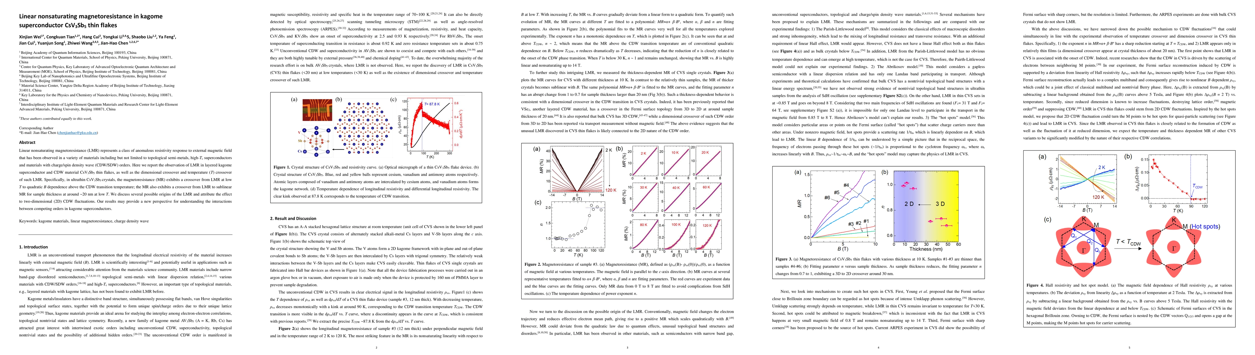 Thumbnail for Linear nonsaturating magnetoresistance in kagome superconductor CsV3Sb5
  thin flakes