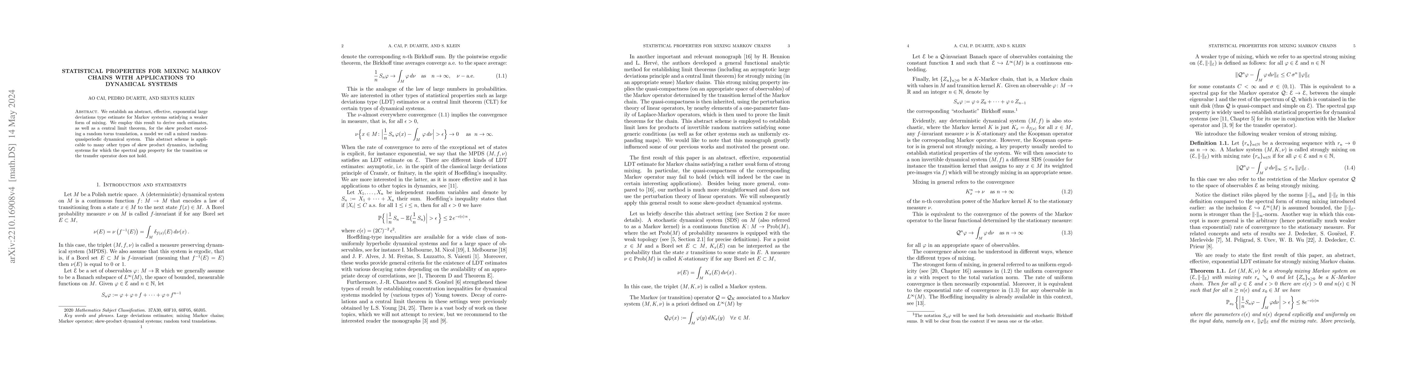 Thumbnail for Statistical properties for mixing Markov chains with applications to
  dynamical systems