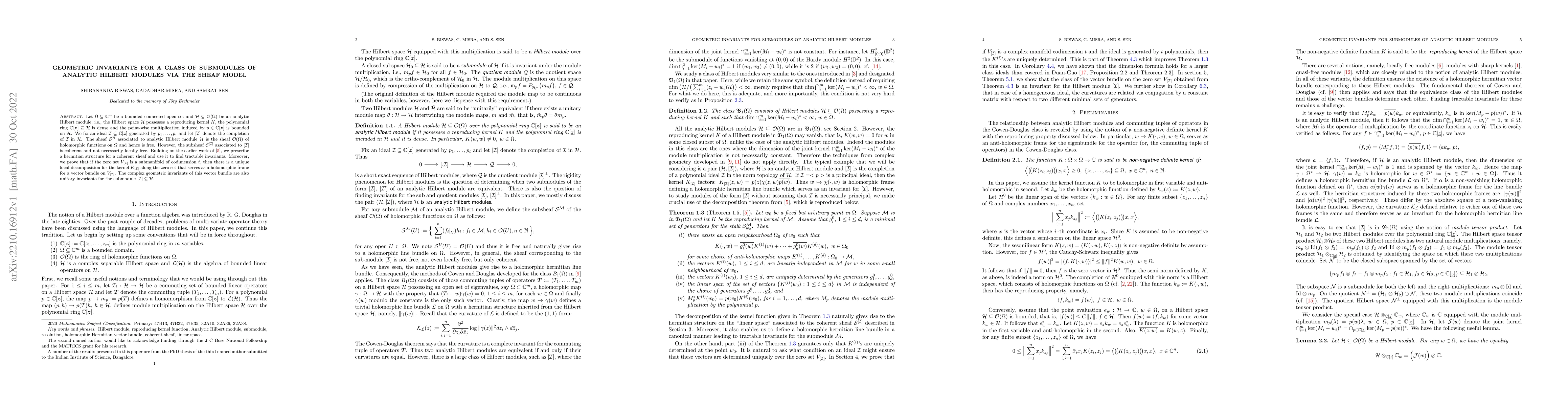 Thumbnail for Geometric invariants for a class of submodules of analytic Hilbert
  modules via the sheaf model