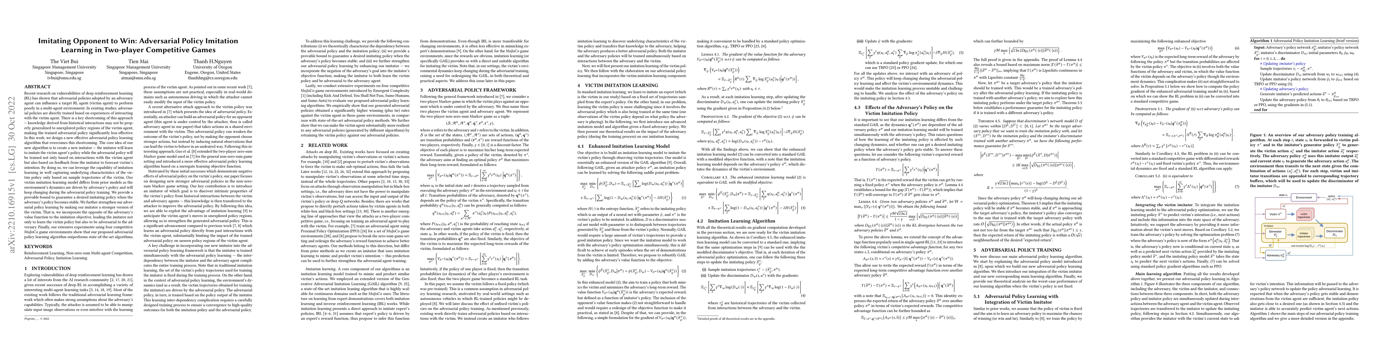 Thumbnail for Imitating Opponent to Win: Adversarial Policy Imitation Learning in
  Two-player Competitive Games