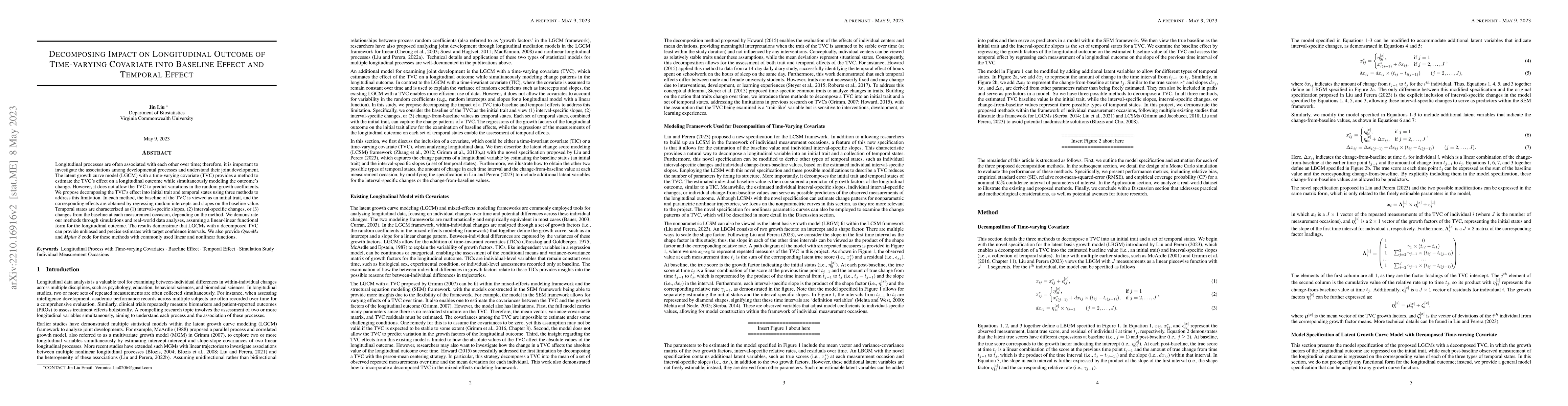 Thumbnail for Decomposing Impact on Longitudinal Outcome of Time-varying Covariate
  into Baseline Effect and Temporal Effect