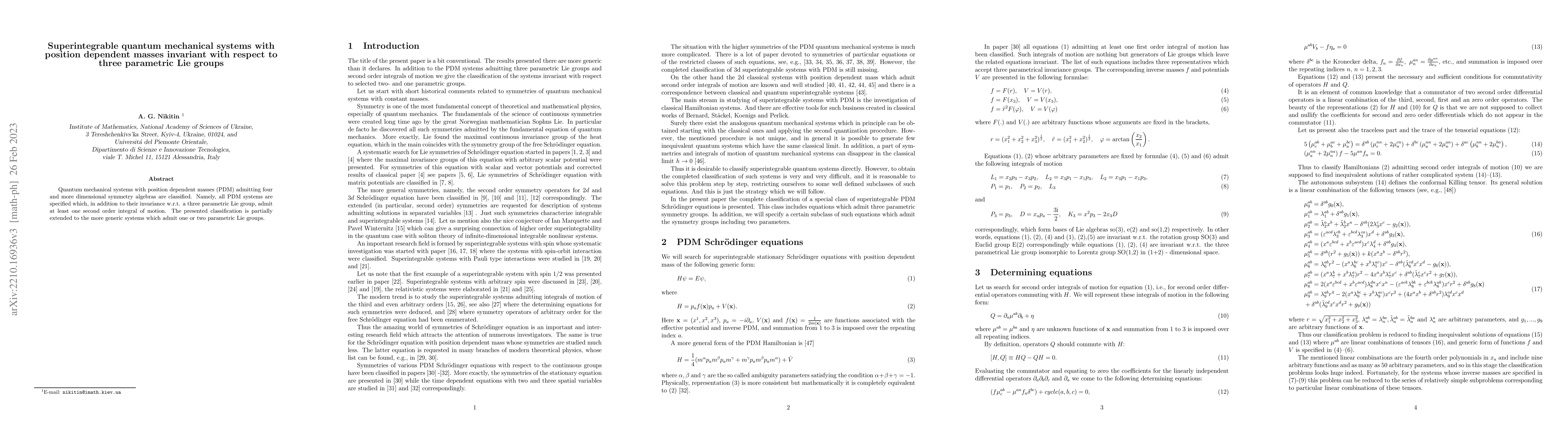 Thumbnail for Superintegrable quantum mechanical systems with position dependent
  masses invariant with respect to three parametric Lie groups
