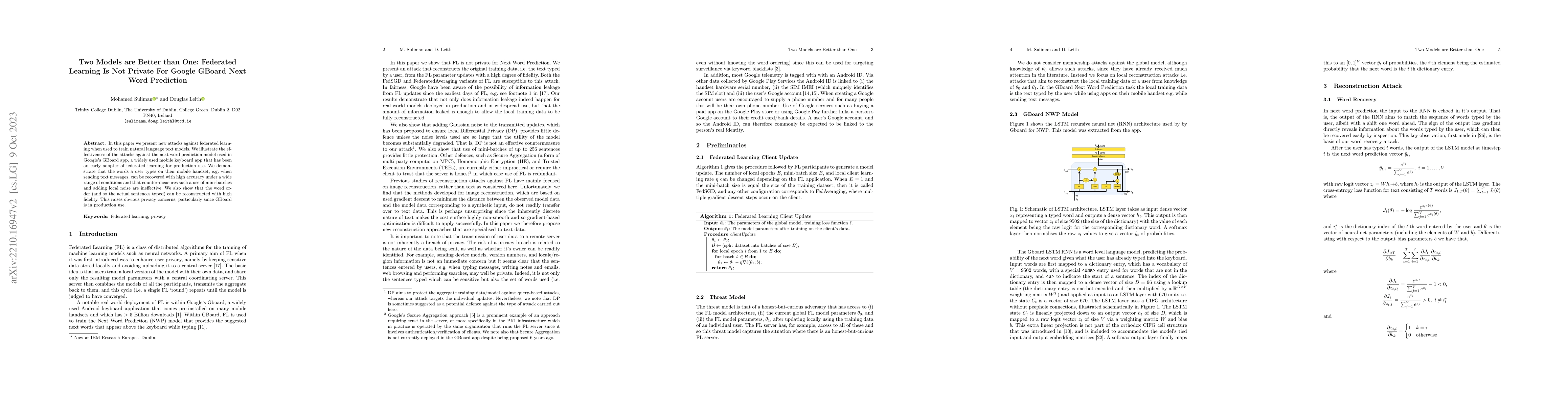Thumbnail for Two Models are Better than One: Federated Learning Is Not Private For
  Google GBoard Next Word Prediction