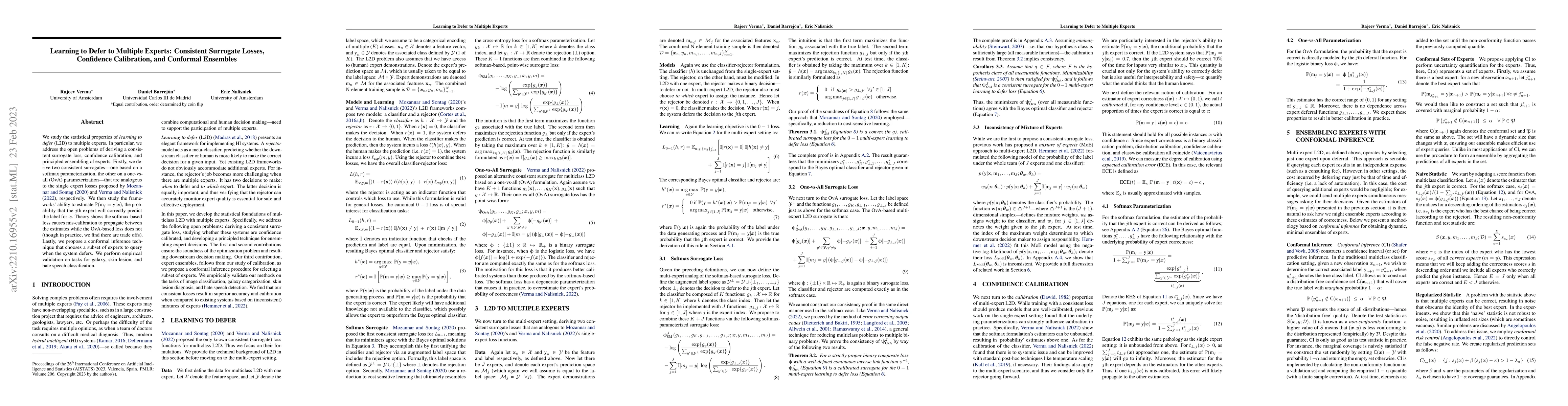 Thumbnail for Learning to Defer to Multiple Experts: Consistent Surrogate Losses,
  Confidence Calibration, and Conformal Ensembles