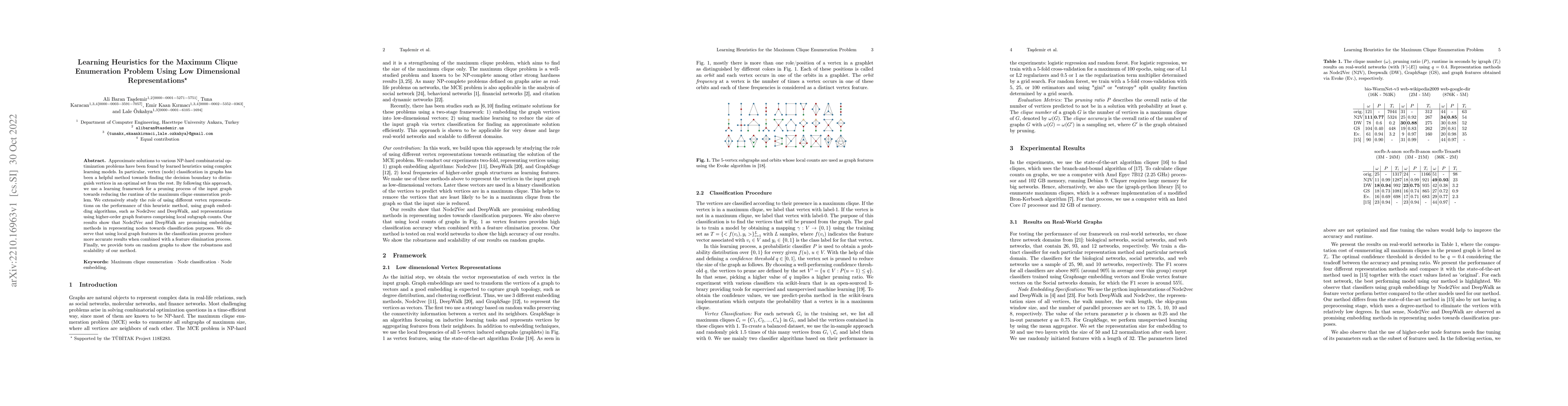 Thumbnail for Learning Heuristics for the Maximum Clique Enumeration Problem Using Low
  Dimensional Representations