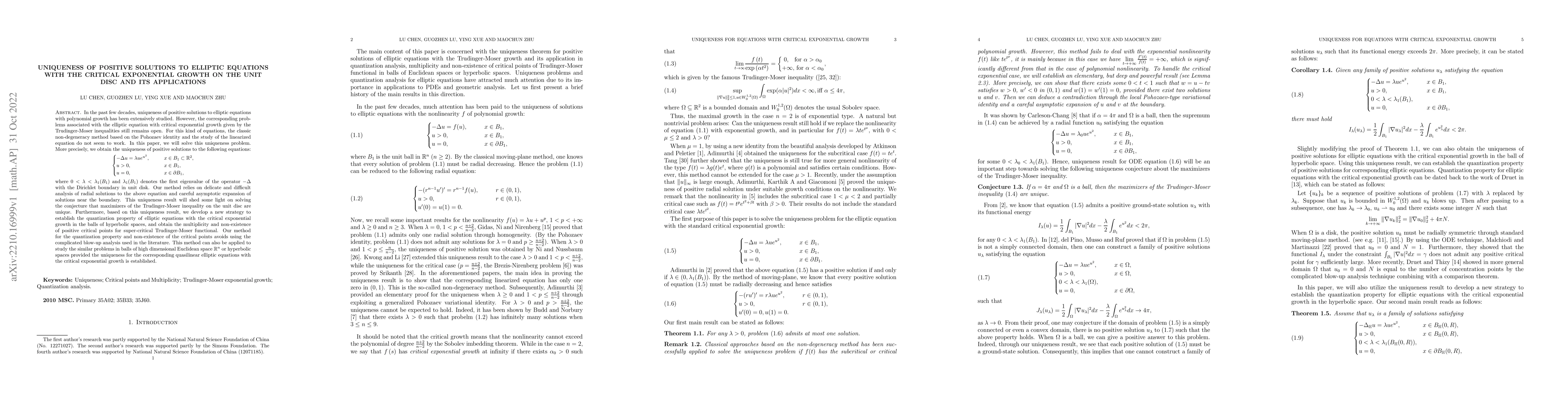 Thumbnail for Uniqueness of positive solutions to elliptic equations with the critical
  exponential growth on the unit disc and its applications