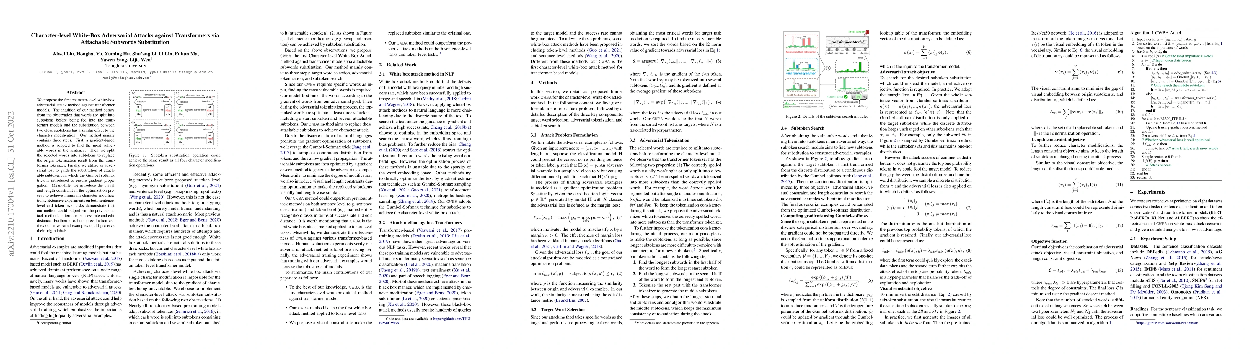 Thumbnail for Character-level White-Box Adversarial Attacks against Transformers via
  Attachable Subwords Substitution
